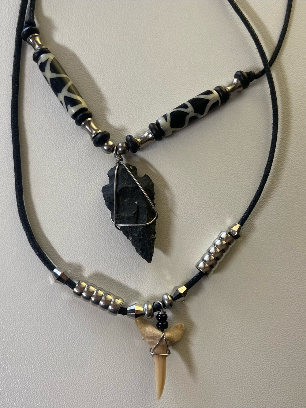 Lot of 2 VTG Y2K Beaded Cord Necklaces Arrowhead Charm & Shark Tooth Pendant